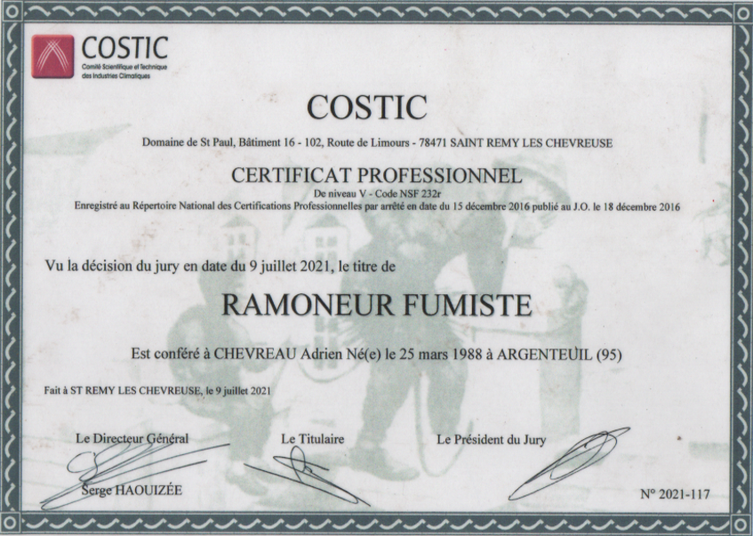 Certificat professionnel de Ramoneur Fumiste
